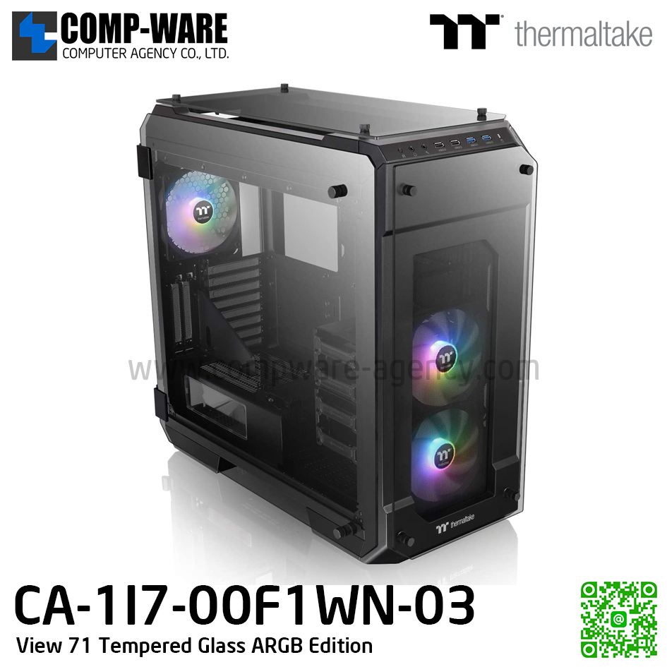 Thermaltake View 71 Tempered Glass ARGB Edition full tower case which comes with three pre-installed 140mm ARGB fans, built-in power cover, and can support motherboards up to E-ATX. CA-1I7-00F1WN-03