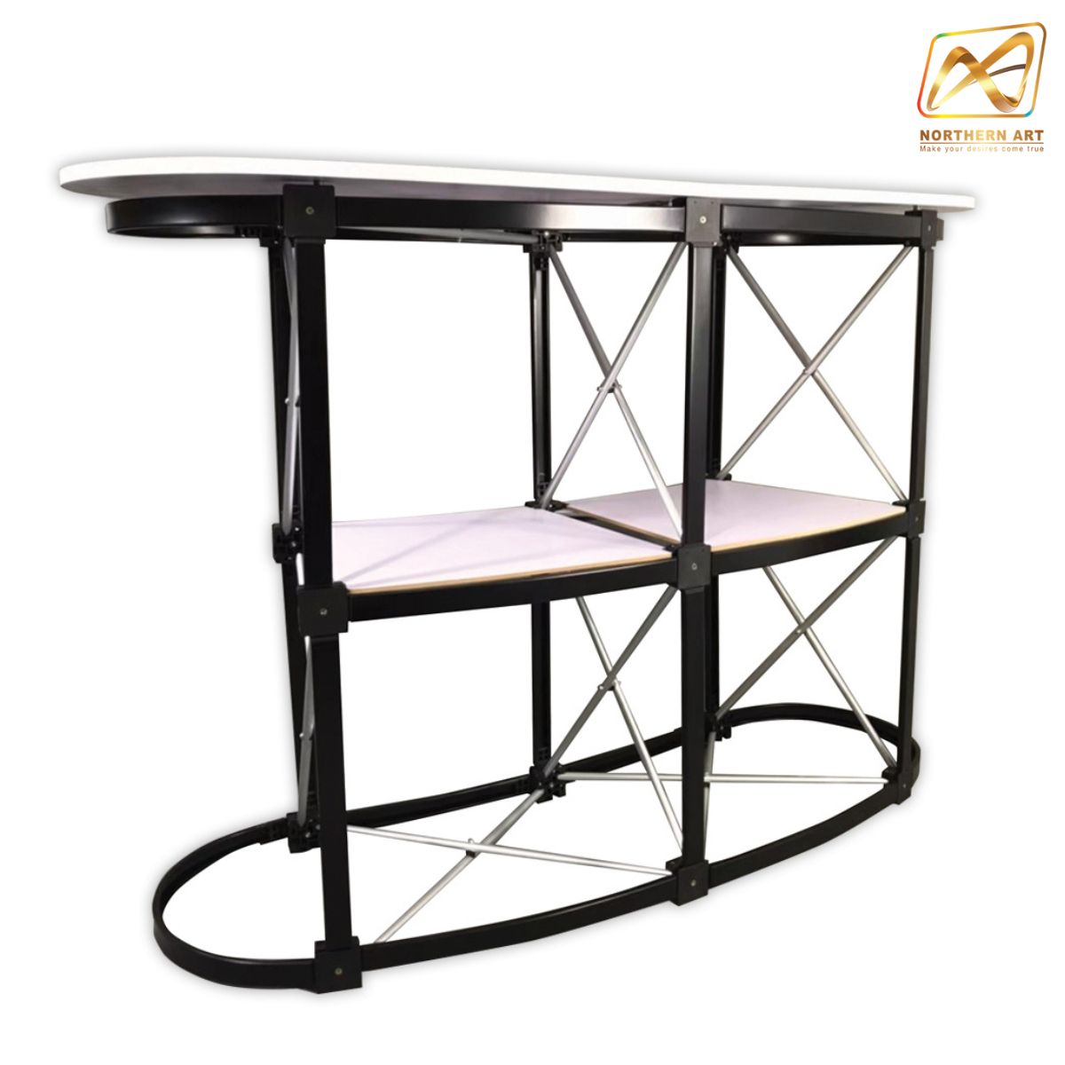 เคาน์เตอร์สำเร็จรูป รุ่นโค้ง TOPสีขาว มีช้นวาง ขนาด (W)133 x (D)39 x (H) 90 cm.โครงอะลูมิเนียม พับเก็บได้ เคลื่อนย้ายสะดวก