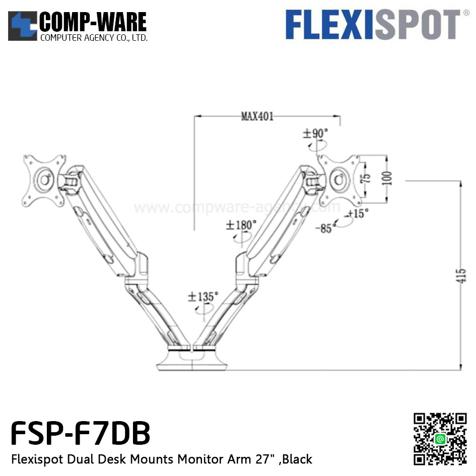 Flexispot FSP-F7DB Dual Desk Mounts Monitor Arm 27" ,Black , 3Y Warranty
