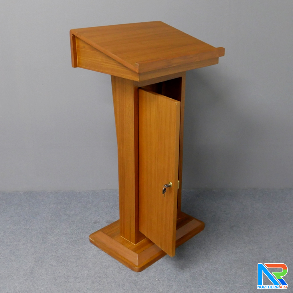 โพเดียมไม้ สีโอ๊ค ทรงโมเดิร์น TOP เอียง ขนาด (W)58 x (L)46 cm. สูง 114 cm. พร้อมตู้ใส่ของ มีกุญแจล็อค