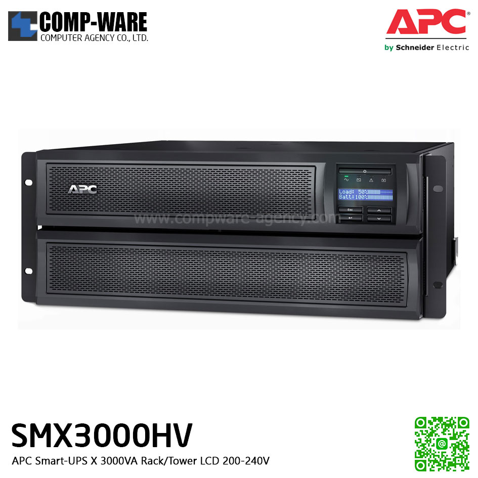 APC SMX Series Smart-UPS X 3000VA Short Depth Tower/Rack Convertible,LCD ,200-240V , SmartSlot สำหรับใส่ network card (ต้องซื้อเพิ่มเป็น option), รองรับbattery pack สูงสุด 10 pack APC-SMX3000HV