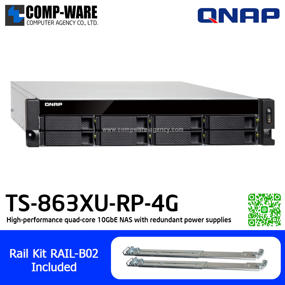 QNAP NAS (2U 8-Bay) TS-863XU (4GB RAM) Single Power Supply , Redundant Power Supply , with Rail kit (RAIL-B02), No HDD