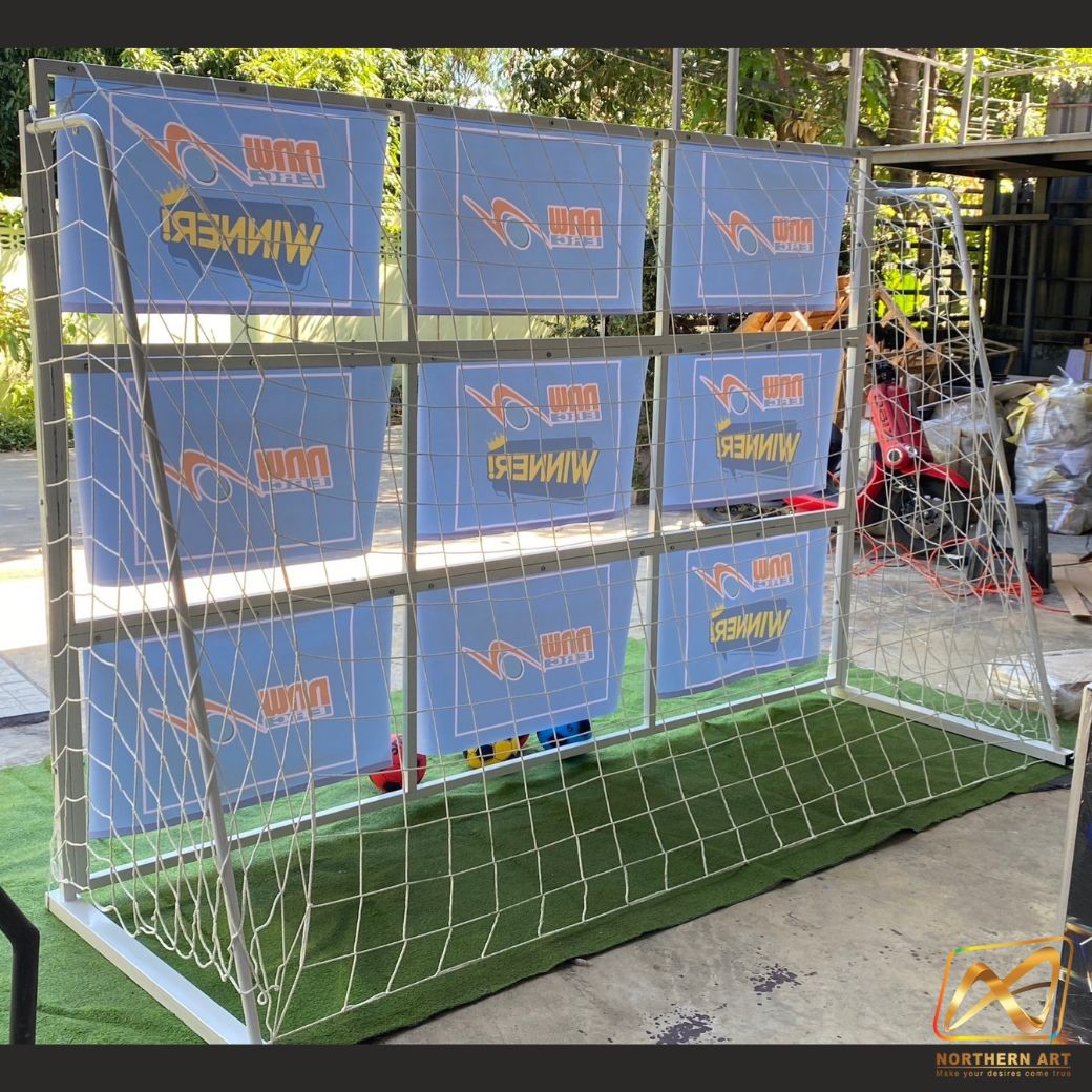 เข่าเกมส์ฟุตบอล เกมส์เตะบอล เกมส์FOOTBALL ขนาด (W)3 x (H)2 ม.โครงเหล็กสีขาว ถอดประกอบได้ พร้อมป้าย9 ช่อง