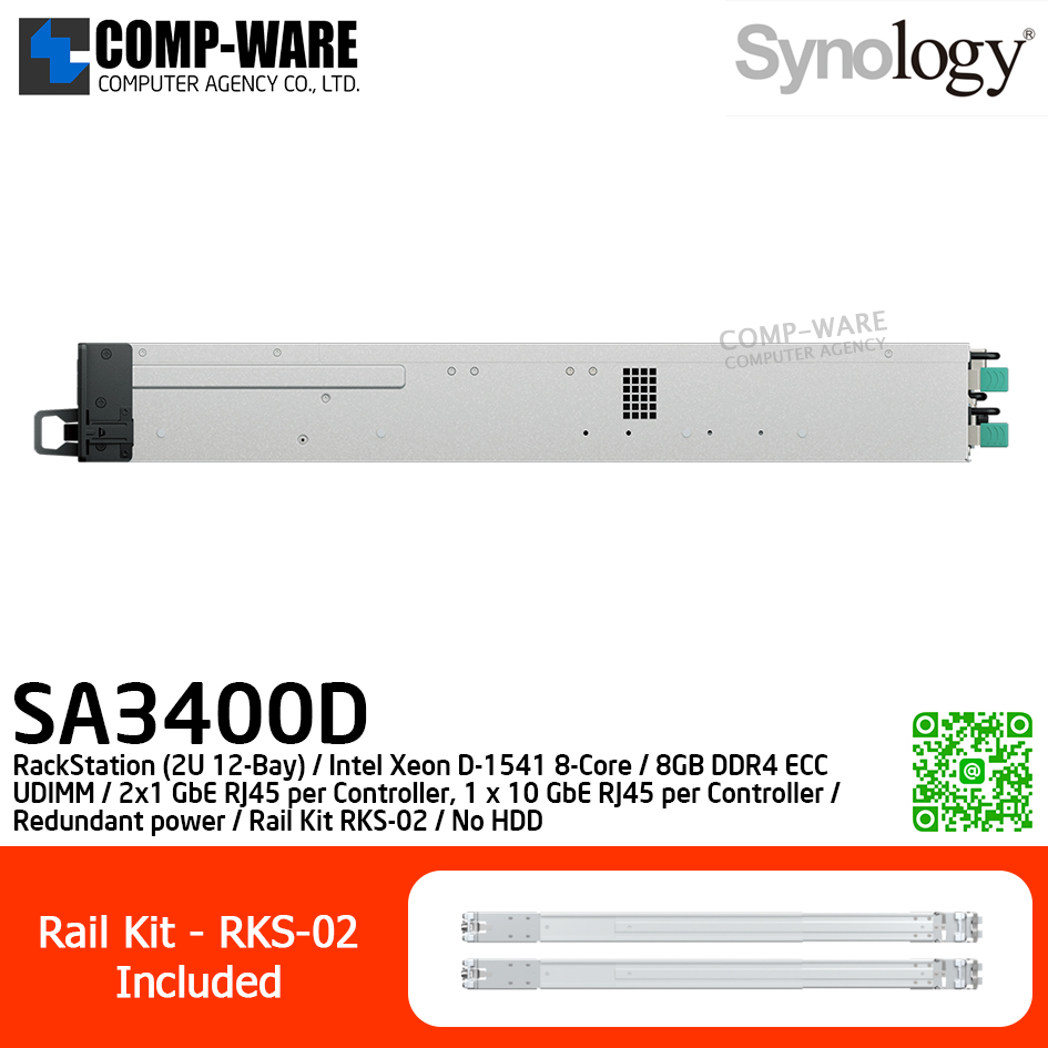 Synology RackStation (2U 12-Bay) SA3400D / Intel Xeon D-1541 8-Core / 8GB DDR4 ECC UDIMM / 2x1 GbE RJ45 per Controller, 1 x 10 GbE RJ45 per Controller / Redundant power / Rail Kit RKS-02 / No HDD / 5Y Warranty