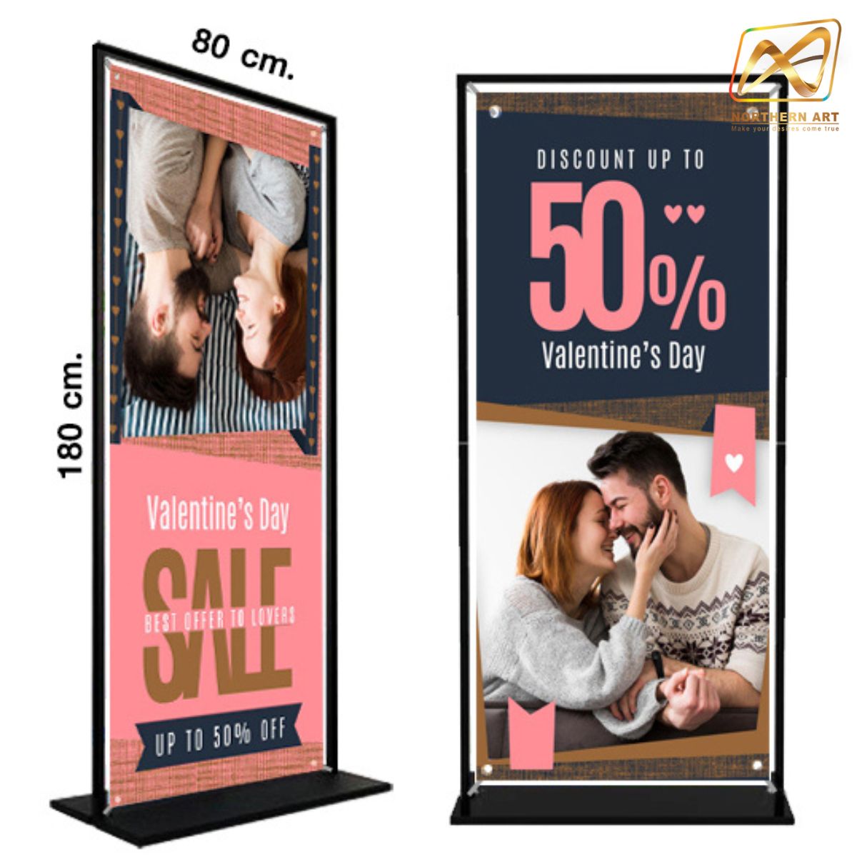 ป้ายตั้งพื้น แบบแขวน ขนาด 80x180 ซม. ฐานเหล็กทึบ สีดำ ถอดประกอบได้ เคลื่อนย้ายสะดวก