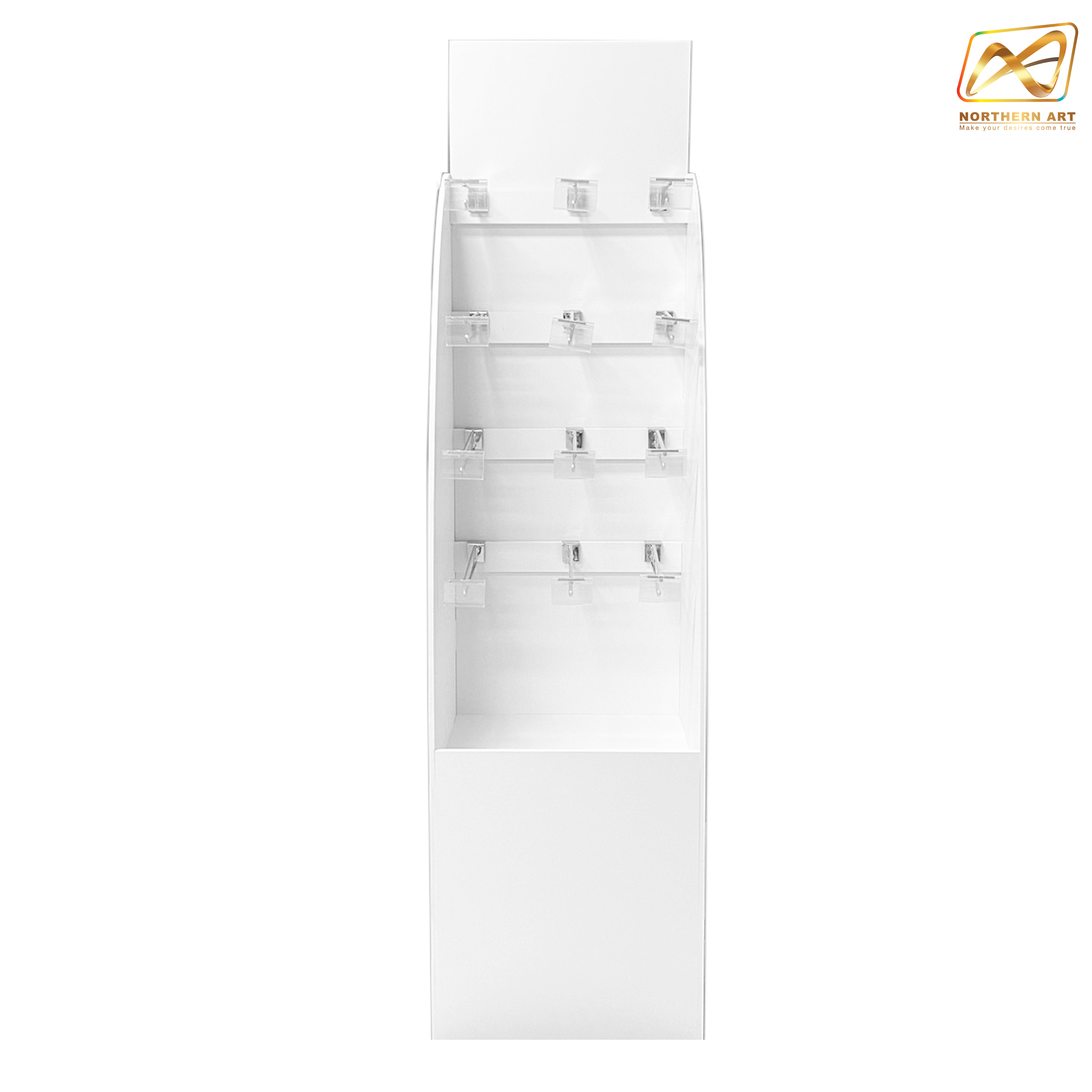 ชั้นวางสินค้าพลาสวูด รุ่น H06 ขนาด (W)38 x (D)30 x (H)150 ซม. พลาสวูดหนา 8 มม.พร้อมงานพิมพ์สติ๊กเกอร์ ( ราคาไม่รวมขอแขวนและป้ายราคา )