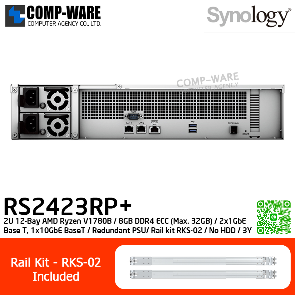 Synology RackStation (2U 12-Bay) RS2423RP+ / AMD Ryzen V1780B / 8GB DDR4 ECC (Max. 32GB) / 2x1GbE Base T, 1x10GbE Base T / Redundant Power Supply / Rail kit RKS-02 / No HDD / 3Y Warranty