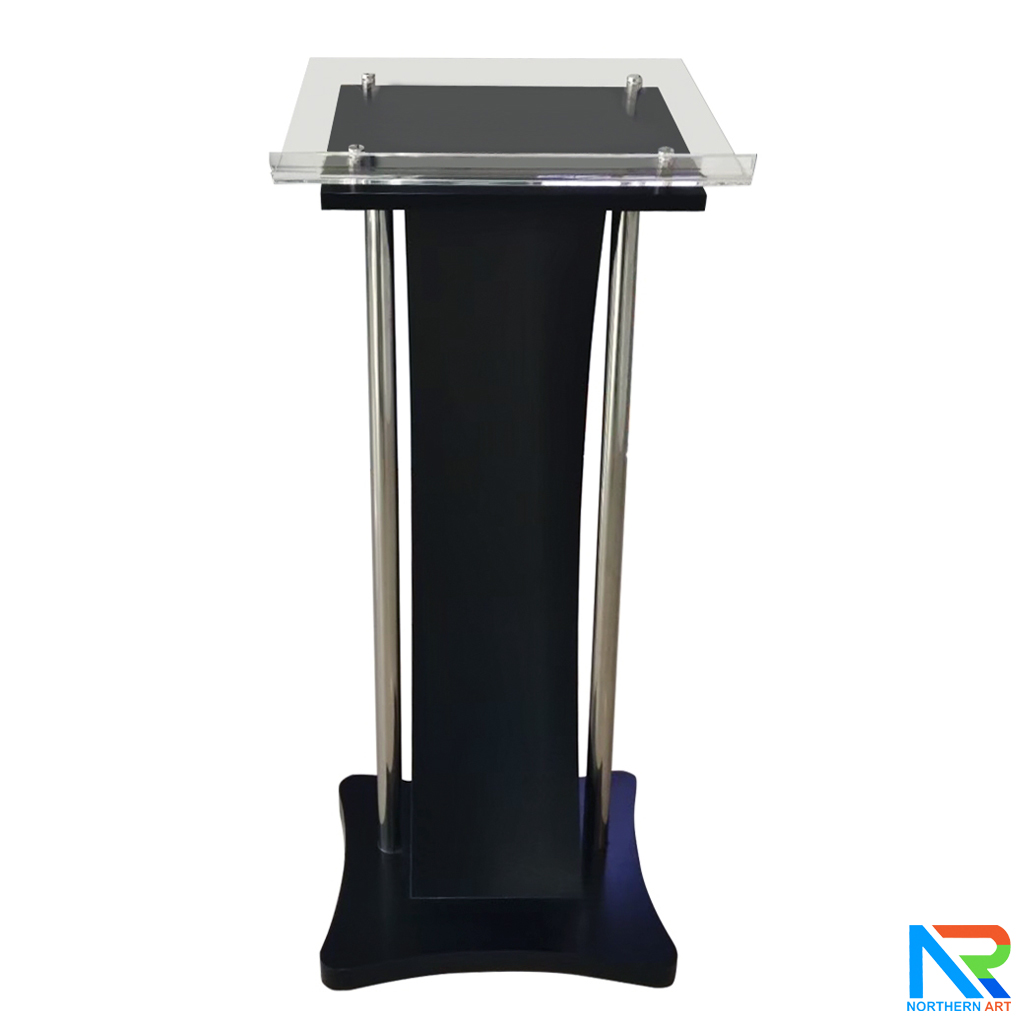 โพเดียมไม้ สีดำ ขนาด (W) 41 x (L) 50 x (H) 120 cm. พร้อมเสาสแตนเลสคู่ TOP เอียง อะคริลิคใส ติดหมุด