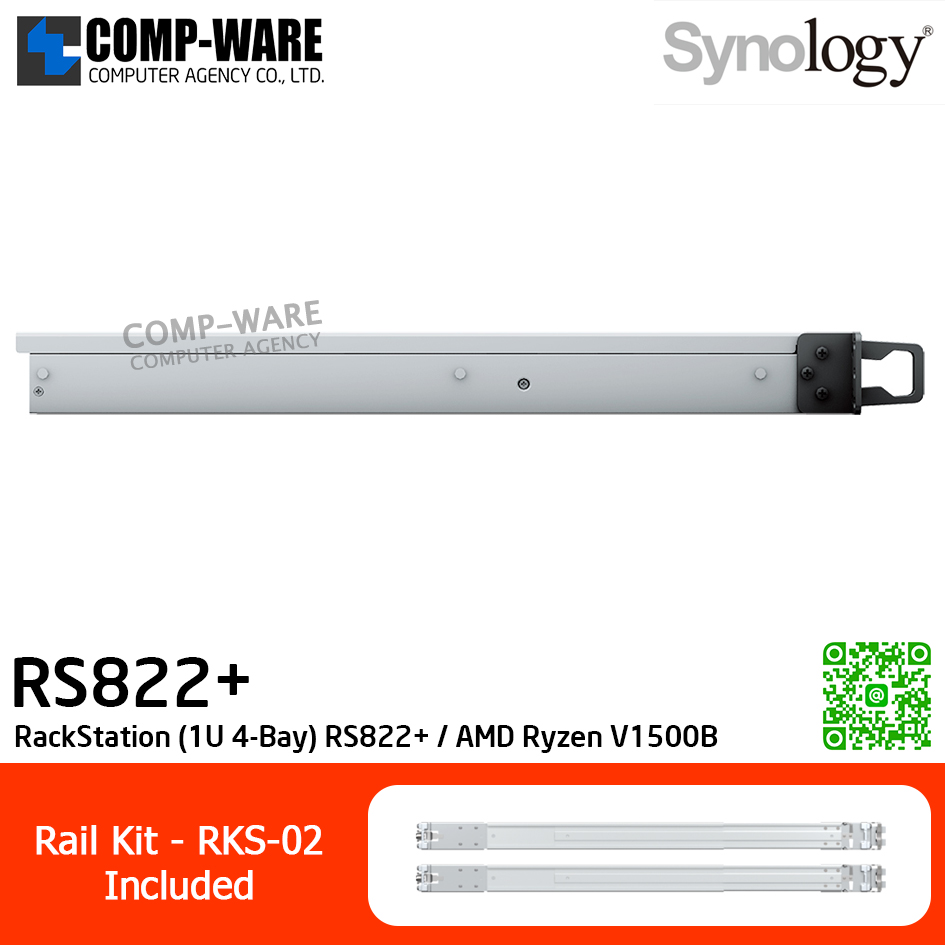 Synology RackStation (1U 4-Bay) RS822+ / AMD Ryzen V1500B / 2GB DDR4 ECC SODIMM / 4 x 3.5" SATA HDD or 2.5" SATA SSD / 4 x RJ-45 1GbE / Single PSU 150W / with Rail Kit RKS-02 / No HDD / 3Y Warranty