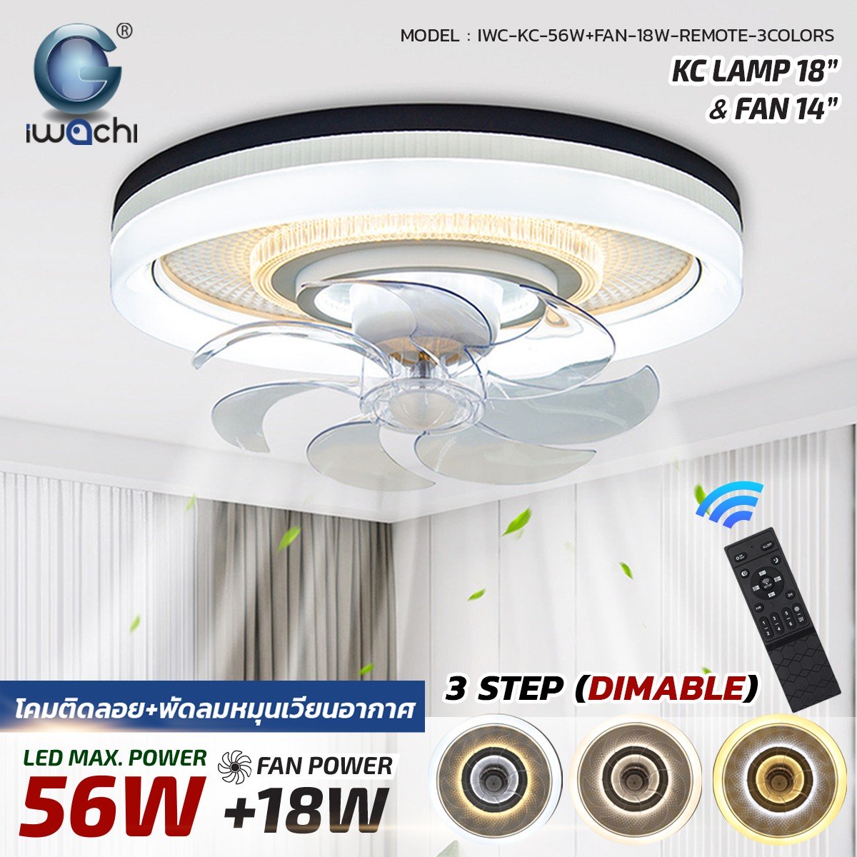 โคมติดเพดานมีพัดลม 3step IWC-KC-56W+FAN-18W-REMOTE