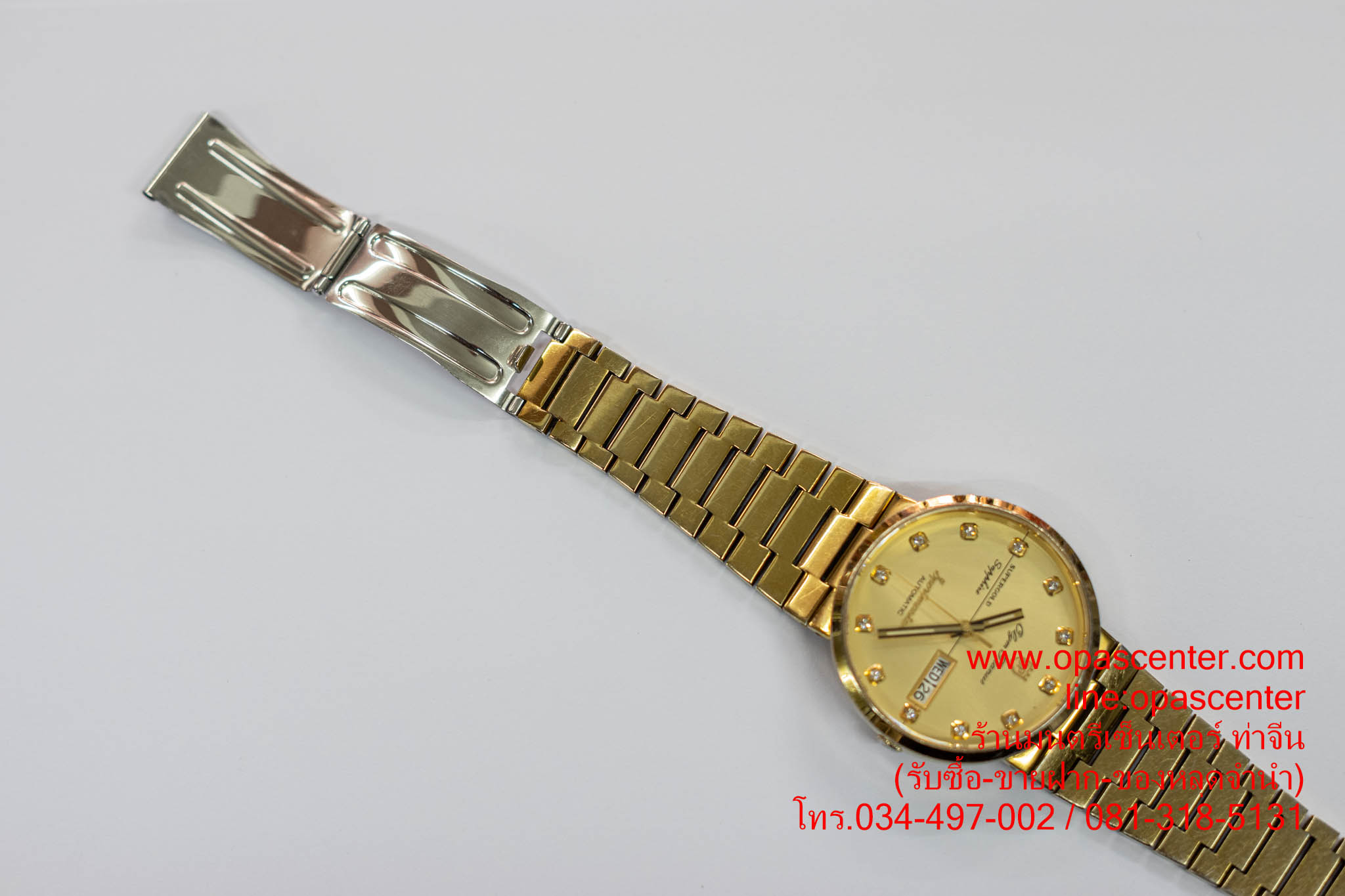 นาฬิกาข้อมือผู้ชาย O.P Sportmaster Automatic สแตนเลสแท้ รุ่น 890-09AM-423 (สีทอง / หน้าปัดทอง) มือสอง สภาพดี