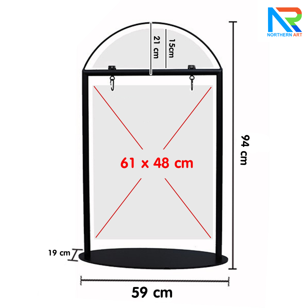 ป้ายตั้งพื้น ป้้ายมินิมอล เหล็กสีดำ ขนาด (W)59 x (H)95 cm. โชว์งานพิมพ์ 2 ด้าน ฐานวงรี ถอดประกอบได้