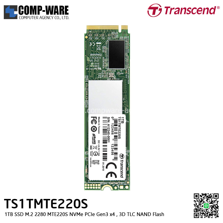 Transcend MTE220S 1TB SSD M.2 2280 NVMe PCIe Gen3 x4 , 3D TLC NAND Flash TS1TMTE220S - 5Y Warranty