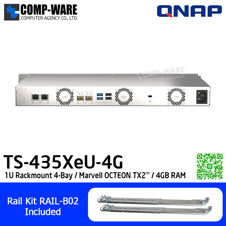 QNAP NAS (1U 4-Bay) TS-435XeU / Marvell OCTEON TX2™ / 4GB RAM (Max. 32GB) / 2 (2.5G/1G/100M) , 2 x 10GbE SFP+ / Single Power Supply / Rail Kit RAIL-B02 / No HDD / 3Y Warranty / TS-435XeU-4G