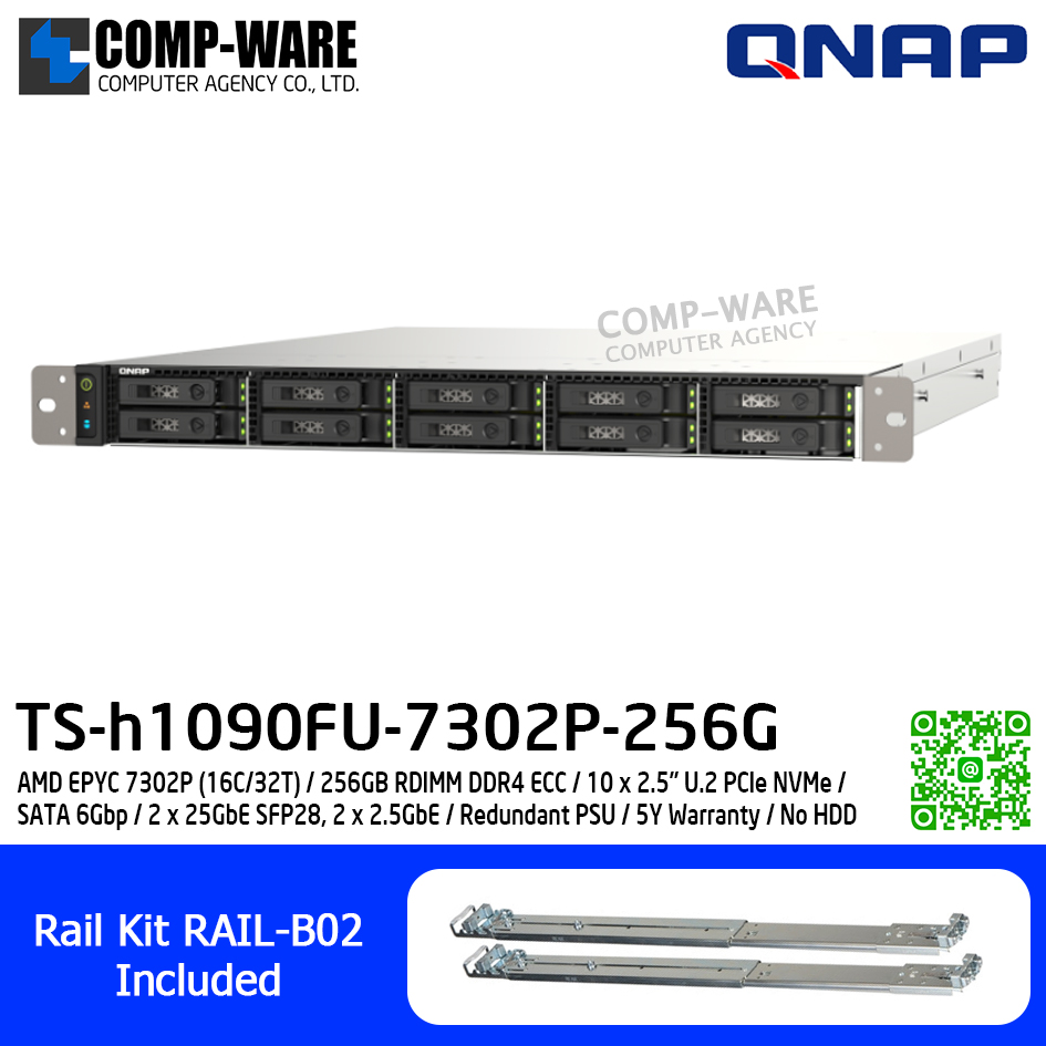 QNAP (1U 10-Bay) TS-h1090FU-7302P-256G / AMD EPYC 7302P (16C/32T) / 256GB RDIMM DDR4 ECC / 10 x 2.5" U.2 PCIe NVMe / SATA 6Gbp / 2 x 25GbE SFP28, 2 x 2.5GbE / Redundant PSU / 5Y Warranty / No HDD / Rail Kit RAIL-B02