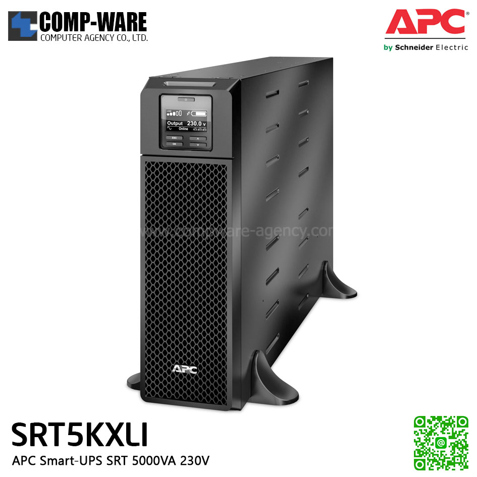 APC SRT Series Smart-UPS On-Line SRT 5000VA Tower model , 230V , มีหน้าจอ LCD, รองรับการเชื่อมต่อ battery pack สูงสุด 10 pack APC-SRT5KXLI