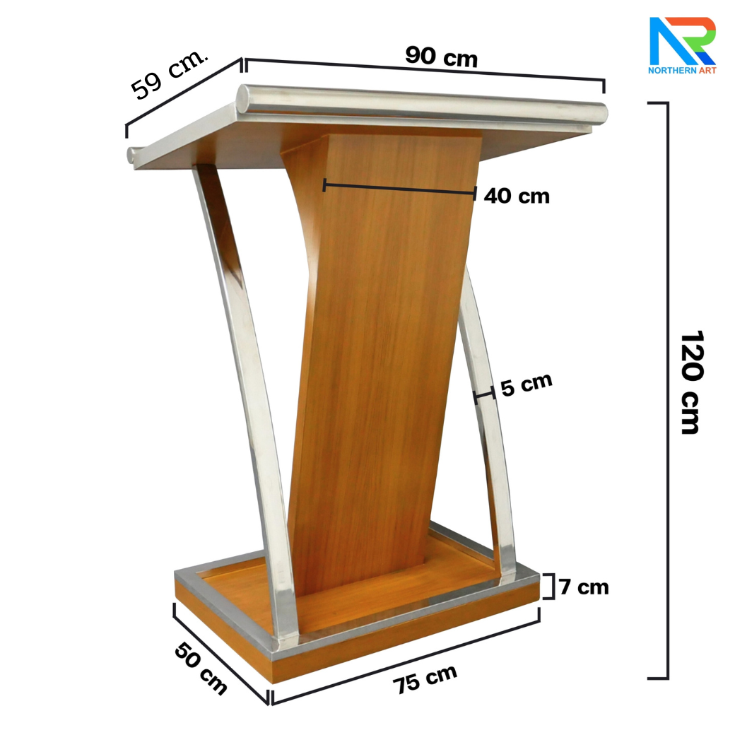 โพเดียมไม้ ยืนคู่ สีสัก ขนาด (W) 90x (L) 59 x (H) 120 cm.Topและฐาน หุ้มสแตนเลสเกรด304