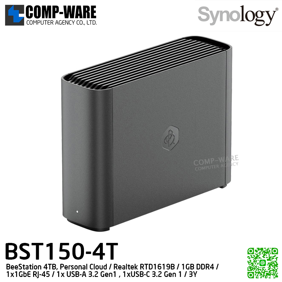 Synology BeeStation 4TB, Personal Cloud / Realtek RTD1619B / 1GB DDR4 / 1x1GbE RJ-45 / 1x USB-A 3.2 Gen1 , 1xUSB-C 3.2 Gen 1 / 3Y Warranty / BST150-4T