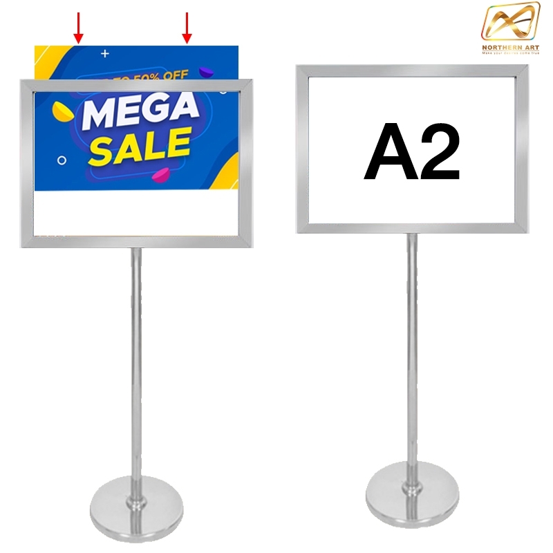 เช่าโปสเตอร์สแตนด์ สแตนเลสเกรด 201 ขนาด A2 ฐานกลม โชว์ภาพ2ด้าน พร้อมแผ่นเซลลูลอยด์ใสหนา 1 มม. 2 แผ่นประกบ สอดงานพิมพ์ด้านบน