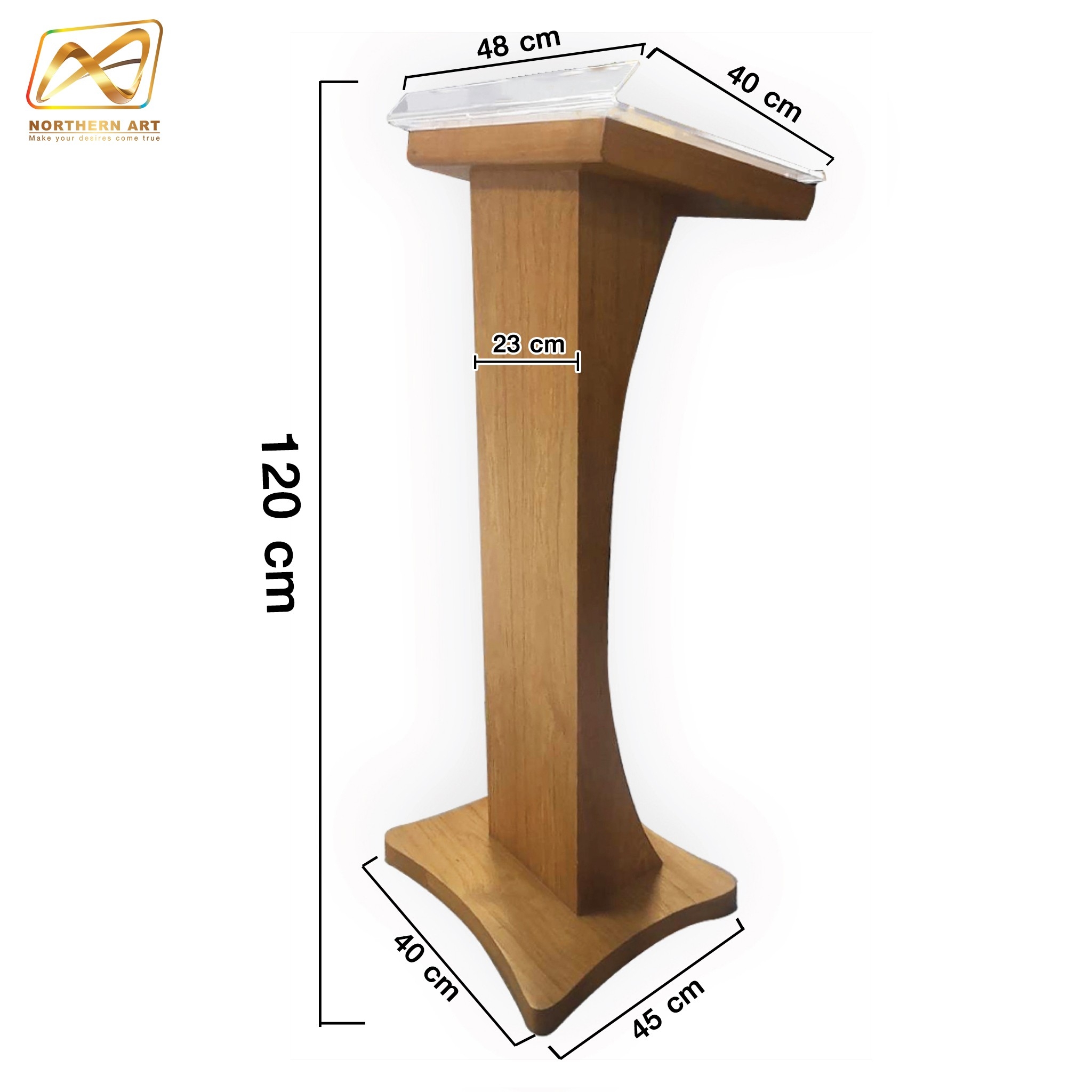 โพเดียมลายไม้ สีสัก ขนาด (W) 48 x (L) 40 x (H) 120 cm. Top เอียง ปิดทับอะคริลิคใสพร้อมหมุด