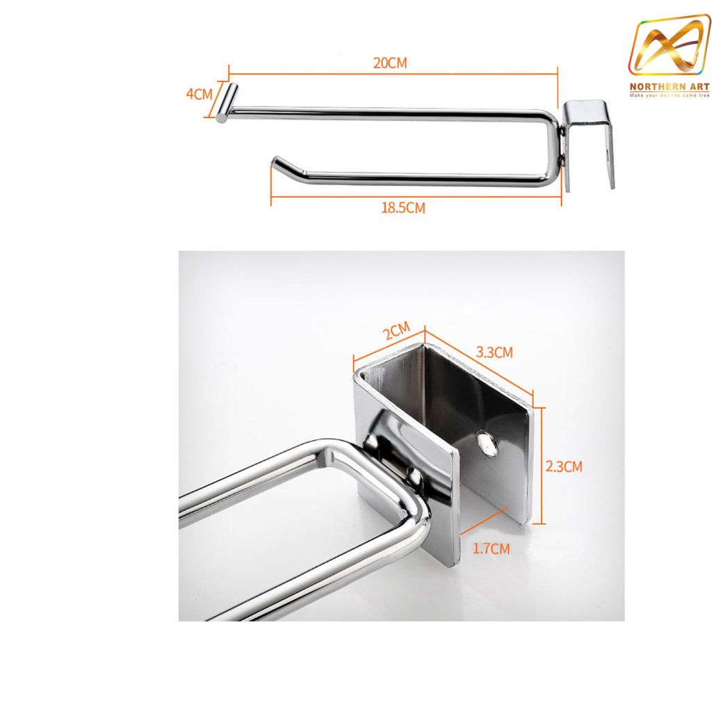 ขอแขวนสินค้า HOOK แบบแขนคู่ แขนบนยาว 20 cm. แขนล่าง 18.5 cm. สีเงิน พร้อมป้ายราคา 4x6 cm.