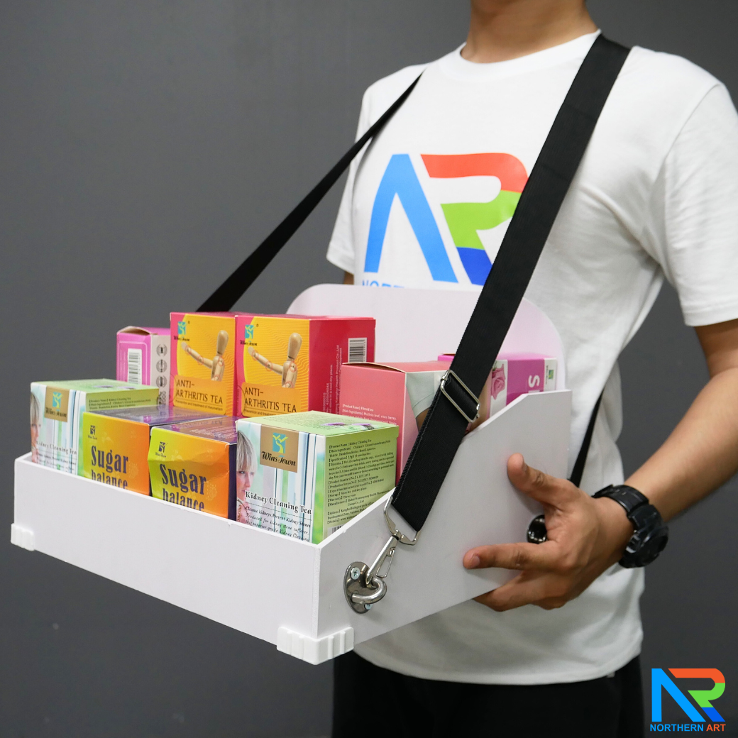 SAMPLING MOBILE TRAY ถาดแจกเคลื่อนที่ ขนาด (W)40 x (D)30 x (H)23 cm. พร้อมสายคล้องคอ