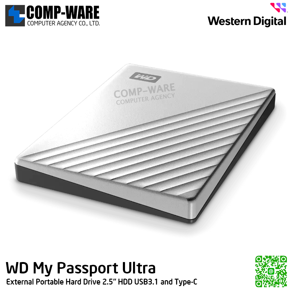 WD 2TB My Passport Ultra External Portable Hard Drive 2.5" HDD USB3.1 and Type-C (Silver) WDBC3C0020BSL-WESN รับประกัน 3 ปี