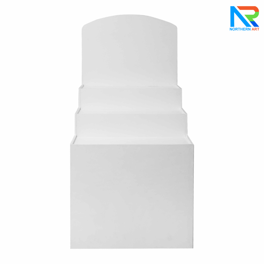 เช่าชั้นวางพลาสวูดขั้นบันได ขนาด (W) 80 x (L)64 x (H)160 cm. มีล้อเลื่อนพร้อมตู้เก็บของด้านหลัง