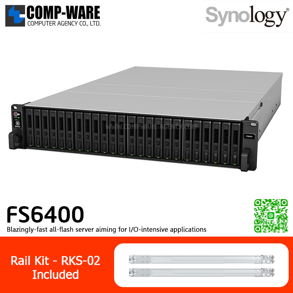 Synology FlashStation (2U 24-Bay 2.5'' SAS/SATA All-flash storage) FS6400 / 2 x Intel Xeon Silver 4110 / 32GB DDR4 RDIMM (Max. 512GB) / 2x1GbE Base T, 2x10GbE Base T / Redundant Power / Rail kit RKS-02 / No HDD / 5Y Warranty