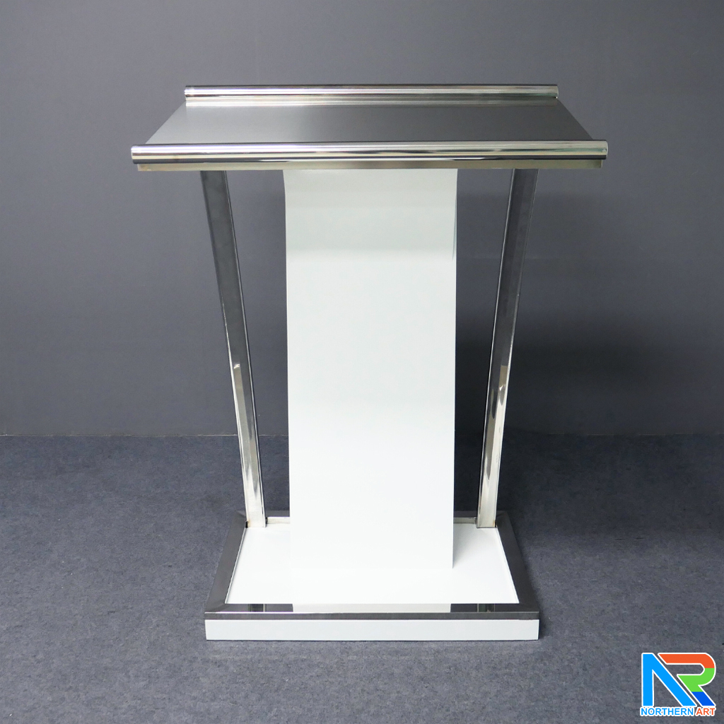 โพเดียมไม้ ยืนคู่ สีขาว ขนาด (W) 90x (L) 59 x (H) 120 cm.Topและฐาน หุ้มสแตนเลสเกรด304