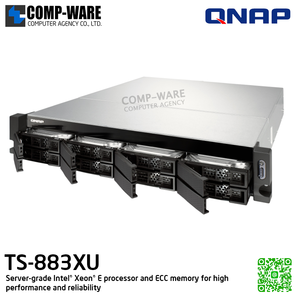 QNAP (2U 8-Bay) TS-883XU-E2124-8G / Intel Xeon E-2124 (8Core) / 8GB UDIMM DDR4 ECC (2 x 4GB) / 8 x 2.5"/3.5" SATA 6Gbps / 4 x GigaLan, 2 x 10GbE SFP+ SmartNIC / 350W Single PSU / 3Y Warranty , No HDD , No Rail Kit
