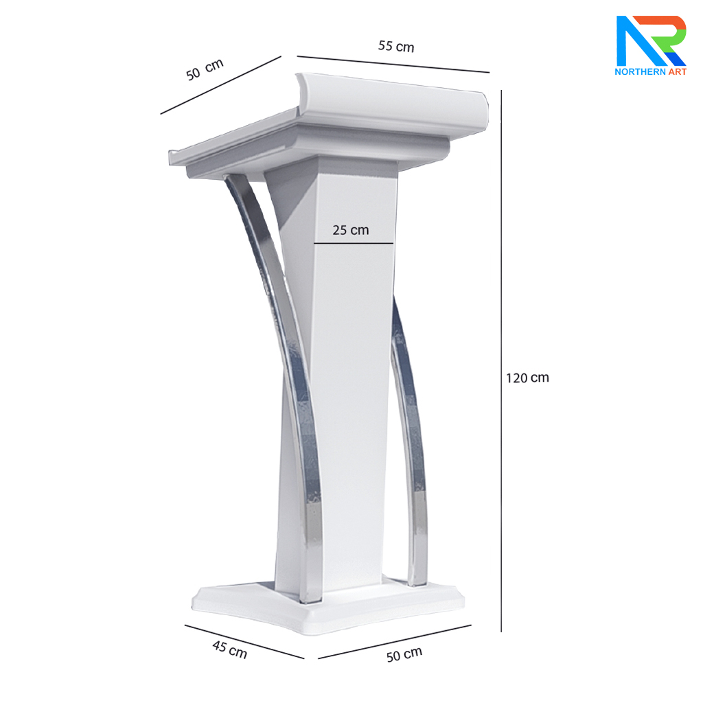 โพเดียมไม้ สีขาว ตกแต่งสแตนเลสเกรด304 ขนาด (W) 55 x (L) 50 x (H) 120 cm.