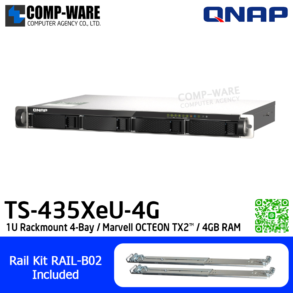 QNAP NAS (1U 4-Bay) TS-435XeU / Marvell OCTEON TX2™ / 4GB RAM (Max. 32GB) / 2 (2.5G/1G/100M) , 2 x 10GbE SFP+ / Single Power Supply / Rail Kit RAIL-B02 / No HDD / 3Y Warranty / TS-435XeU-4G