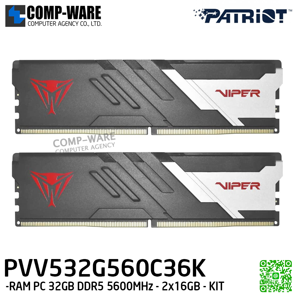 Patriot VIPER VENOM DDR5 RAM 32GB (2X16GB) 5600MHz Kit / RAM PC / Life Time Warranty - 9DE00294-PVV532G560C36K