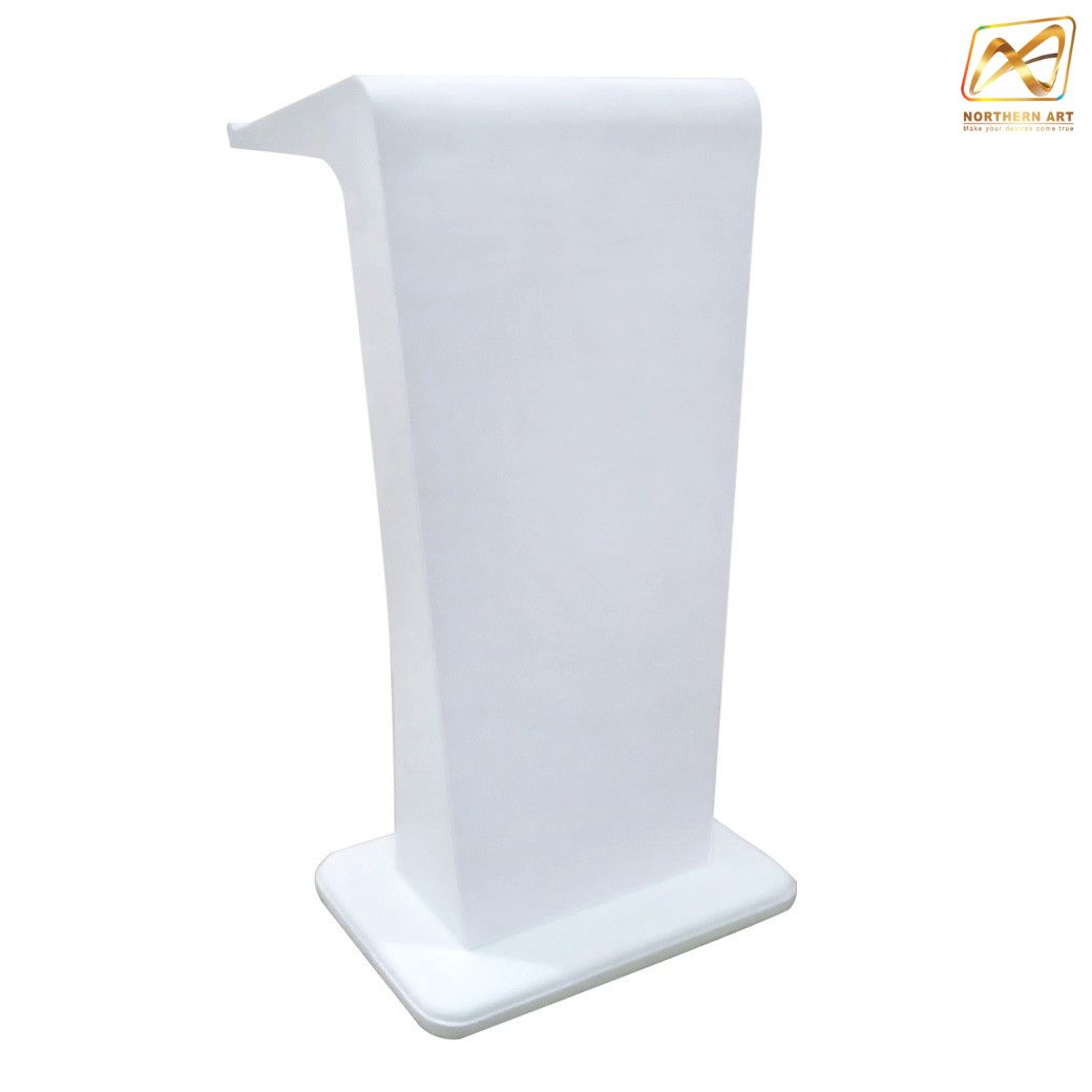 โพเดียมไม้ สีขาว รุ่น PD-11 ทรงโมเดิร์น ขนาด (W)55 x (L)40 x (H)115 cm. TOP เอียง พร้อมชั้นวางของ