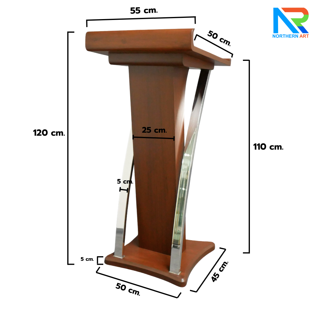 โพเดียมไม้ สีโอ๊คแดง ตกแต่งสแตนเลสเกรด304 ขนาด (W) 55 x (L) 50 x (H) 120 cm.