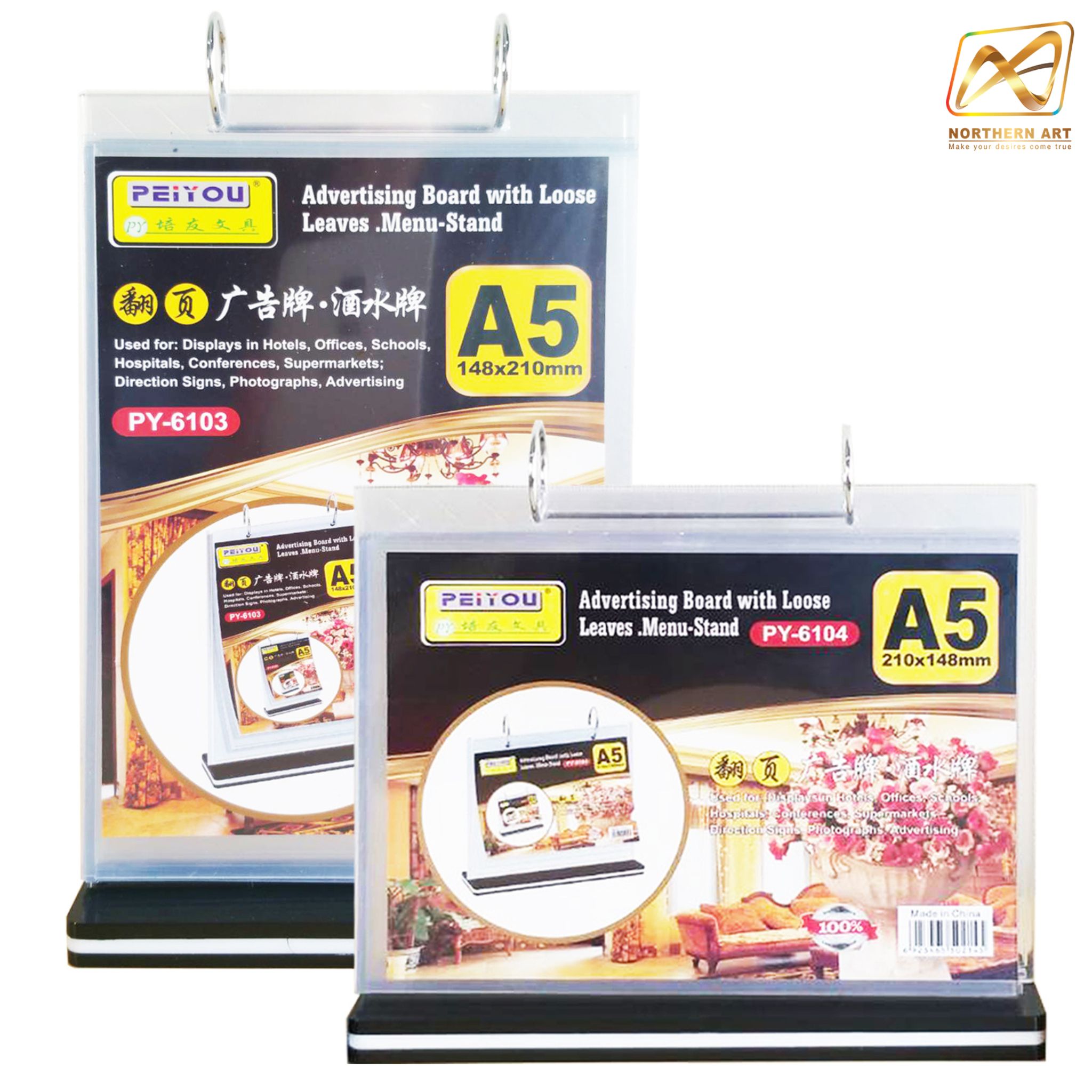 เมนูสแตนตั้งโต๊ะ รุ่นD5 ฐานพลาสติกสีดำ พร้อมซอง 6 ซอง โชว์งานพิมพ์2ด้าน พร้อมจัดส่งทั่วไทย