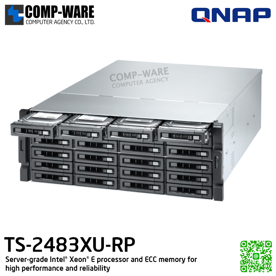 QNAP (4U 24-Bay) TS-2483XU-RP-E2136-16G / Intel Xeon E-2136 (6C/12T) / 16GB DDR4 ECC / 24 x 2.5"/3.5" SATA 6Gbps / 4 GigaLan, 2 x 10GbE SFP+ SmartNIC / 800W Redundant PSU / 3Y Warranty / No HDD / Rail Kit RAIL-A02-90