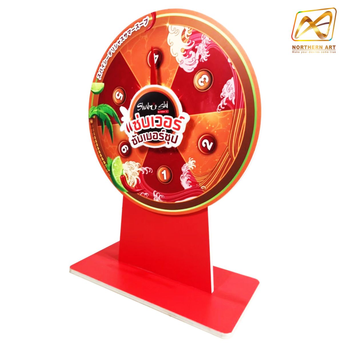 เช่าเกมส์วงล้อตั้งโต๊ะ ขนาดวงล้อ 50 ซม. สูง 61.5 ซม. วัสดุพลาสวูดสีขาว หนา 10-15 มม.