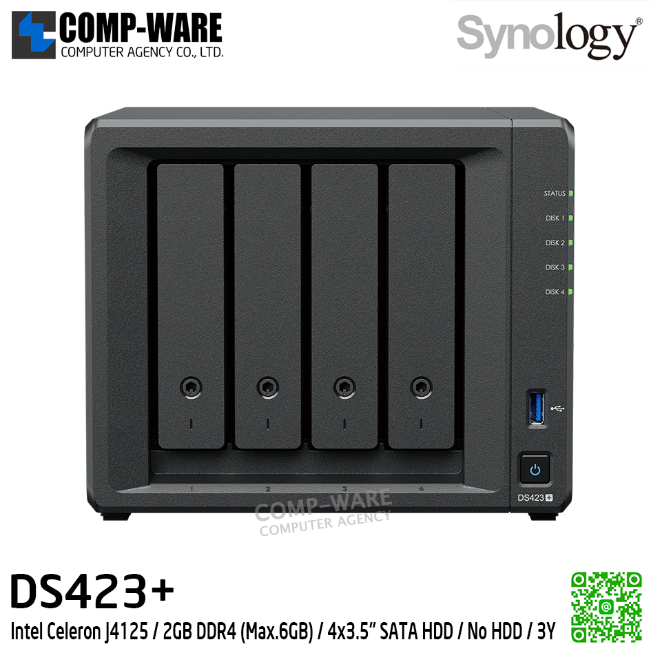 Synology DiskStation (Tower 4-Bay) DS423+ / Intel Celeron J4125 / 2GB DDR4 (Max.6GB) / 4x3.5" SATA HDD + 2xM.2 2280 NVMe / No HDD / 3Y Warranty