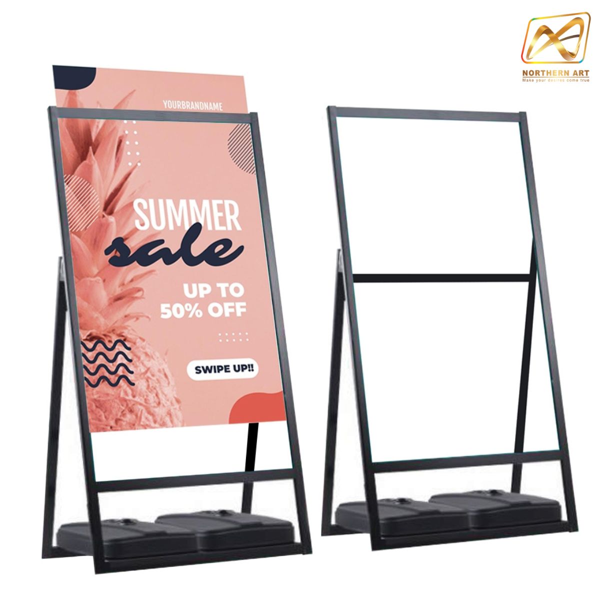 ป้ายตั้งพื้น พับได้ ฐานน้ำ ขนาด 80x120 cm. โชว์งานพิมพ์1ด้าน สอดงานพิมพ์ด้านบน พร้อมฐานน้ำถ่วงน้ำหนัก มั่นคง ไม่ล้ม
