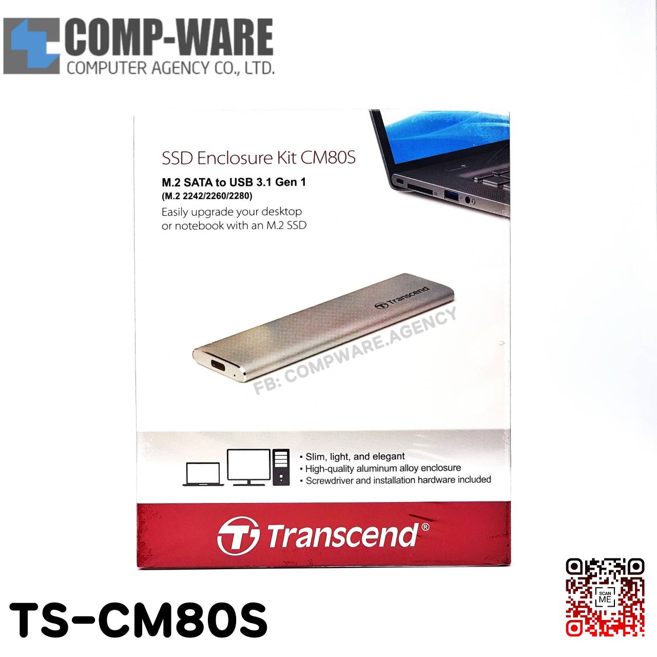Transcend ตัวแปลง TS-CM80S M.2 SATA SSD To USB 3.1 SSD Enclosure Kit (สีเงิน), 1 Mounth