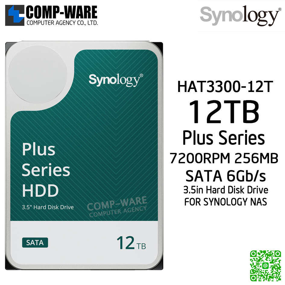 Synology 12TB Plus Series 3.5” SATA HDD designed for Synology NAS, 7200RPM 256MB Cache / HAT3300-12T / 3Y Warranty