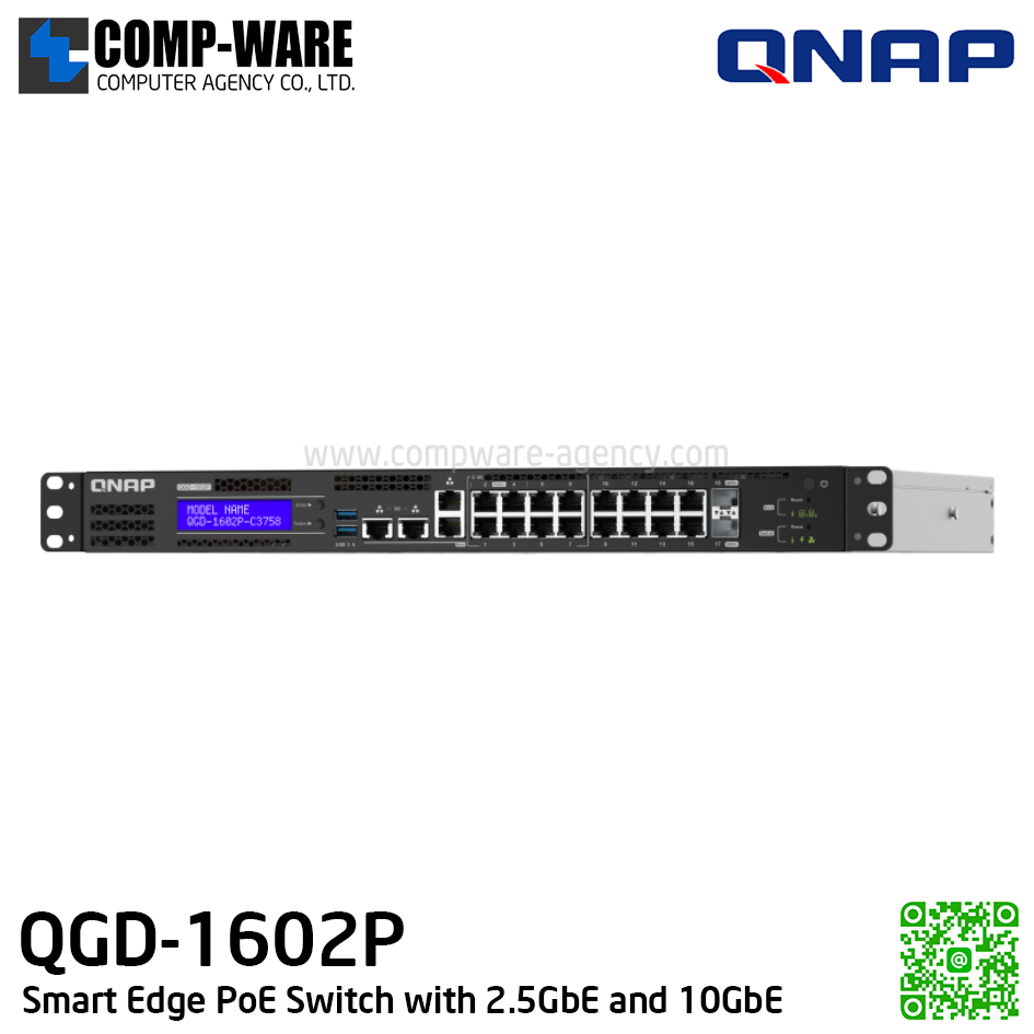 QNAP QGD-1602P-C3558-8G Smart Edge PoE Switch with 2.5GbE and 10GbE Capability for the Wi-Fi 6 & SD-WAN Generation (รับประกัน 2 ปี)