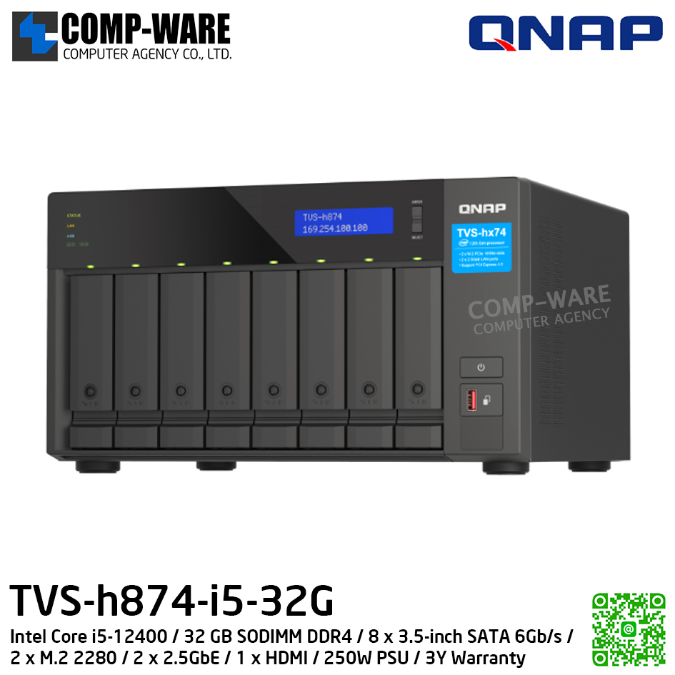 QNAP (Tower 8-Bay) TVS-h874-i5-32G / Intel Core i5-12400 / 32 GB SODIMM DDR4 / 8 x 3.5-inch SATA 6Gb/s / 2 x M.2 2280 / 2 x 2.5GbE / 1 x HDMI / 250W PSU / 3Y Warranty / No HDD