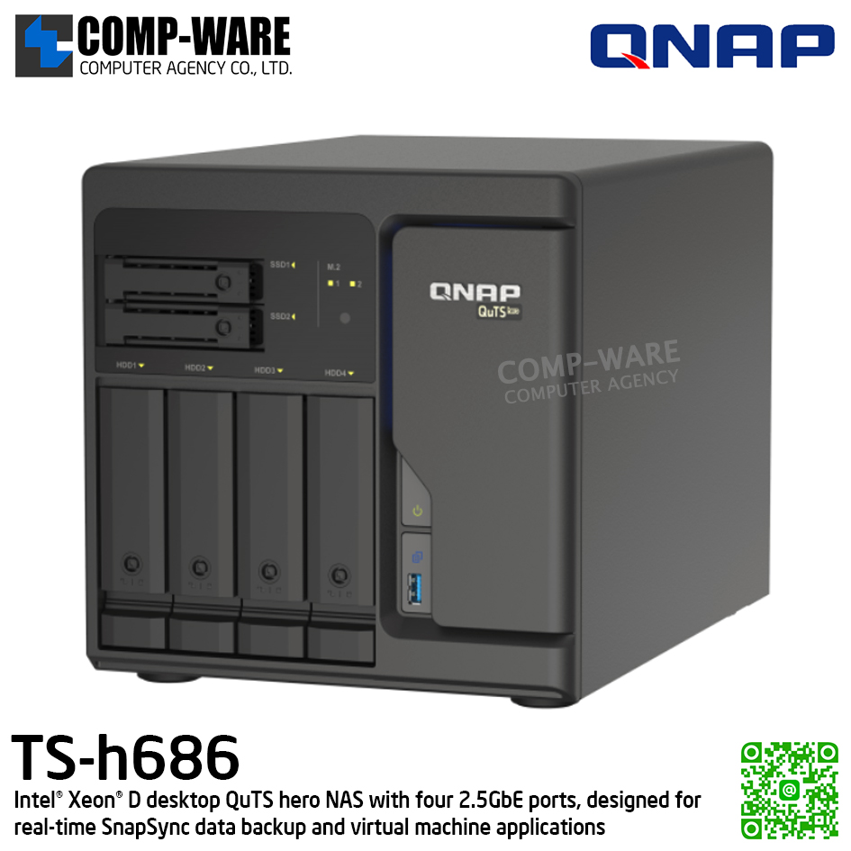 QNAP (Tower 4+2Bay) TS-h686-D1602-8G / Intel Xeon D-1602 (2Core) / 8GB DDR4 ECC / 4 x 3.5-inch SATA 6Gb/s + 2 x 2.5-inch SATA 6Gb/s / 4 x 2.5GbE, supports 5GbE & 10GbE / 250W Single PSU / 3Y Warranty , No HDD