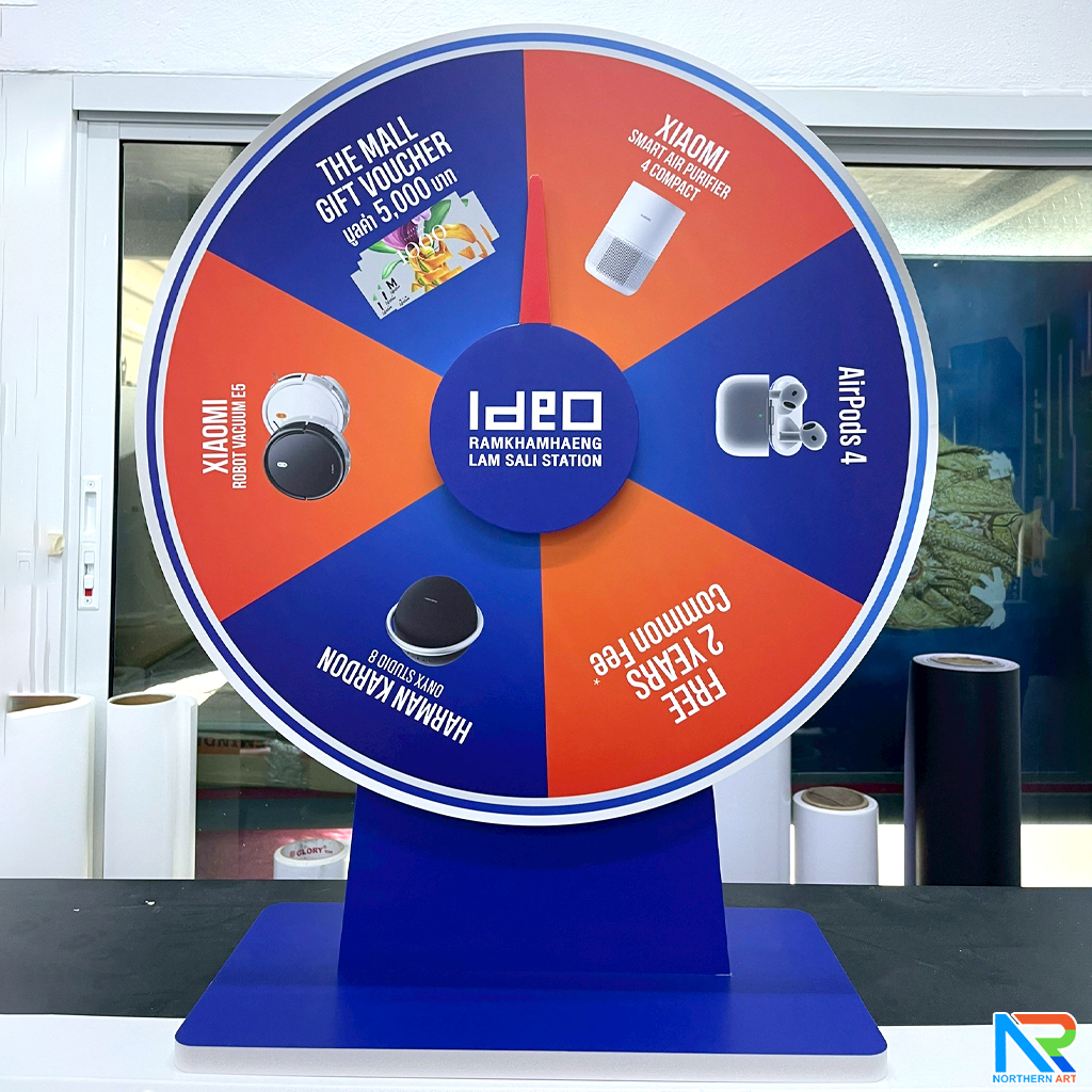 เกมส์วงล้อตั้งโต๊ะ ขนาดวงล้อ 50 ซม. สูง 61.5 ซม. วัสดุพลาสวูดสีขาว หนา 8-15 มม. ถอดประกอบได้