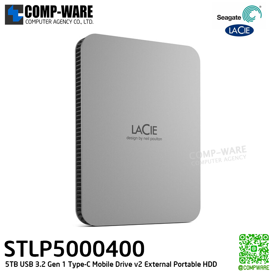 Seagate LaCie 5TB USB 3.2 Gen 1 Type-C Mobile Drive v2 (Moon Silver) - STLP5000400 - 3Y Warranty