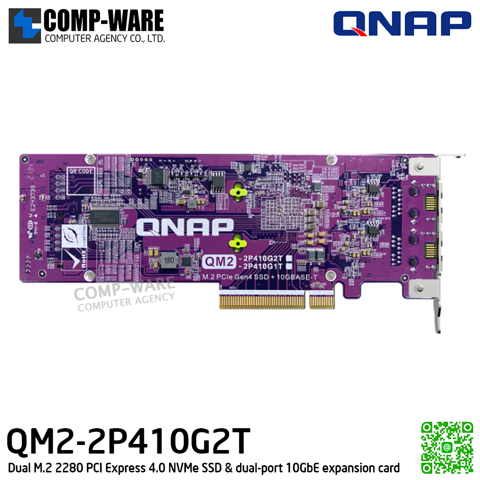 QNAP QM2-2P410G2T Dual M.2 2280 PCIe NVMe SSD & single-port 10GbE expansion card (รับประกัน 2ปี)