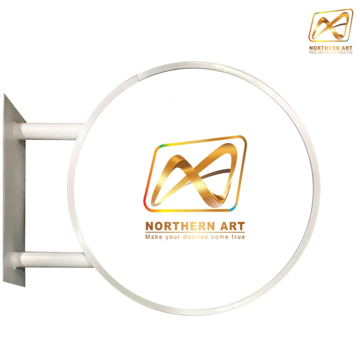 ตู้ไฟLEDทรงกลม 2 หน้า ขอบสีขาว หน้าเรียบ พร้อมอะคริลิคหน้าเรียบ พร้อมขายื่น ติดตั้งง่าย ( ราคาตู้ไฟพร้อมงานพิมพ์ )